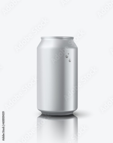 Blank aluminium beverage can with droplets on wet table. 3d vector mockup