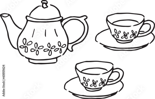 ティーポットとティーカップ（紅茶セット）のイラスト