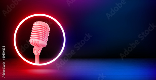 Product showcase and shining neon frame with microphone. 3d vector banner with copy space