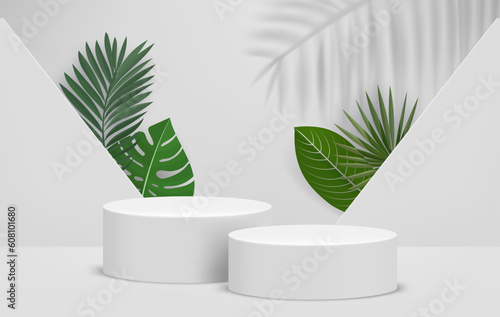 Bright interior with two podiums and green leaves. Eco friendly product showcase template. 3d vector background