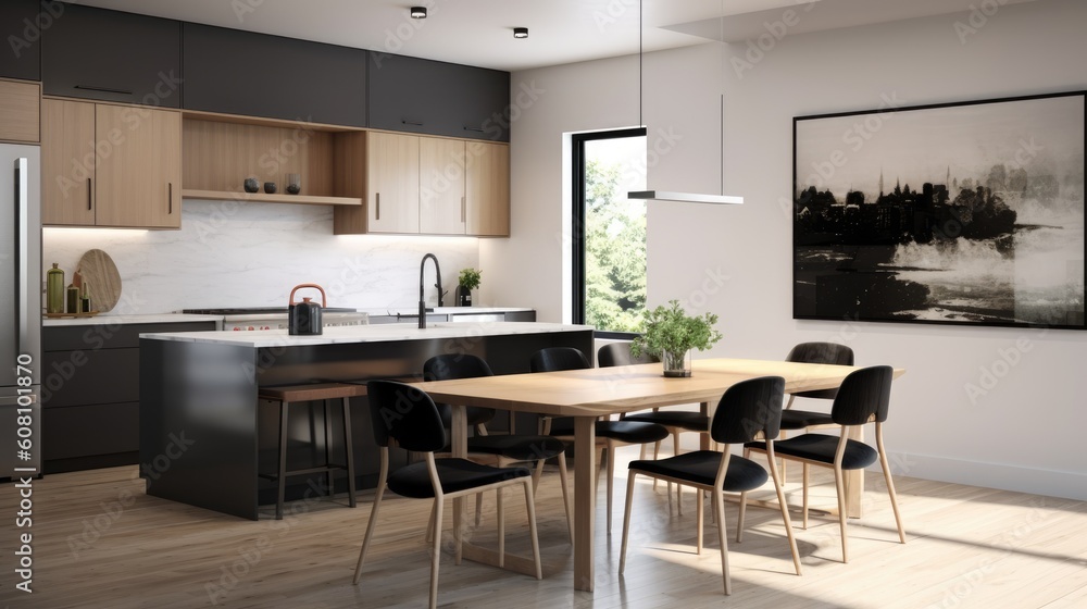 Contemporary kitchen with a sleek and spacious layout. Generative AI