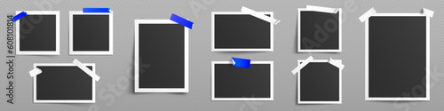 Images collage template with photo frames with sticky tape. Album or gallery mockup with empty paper snapshots with white border isolated on transparent background, vector realistic set