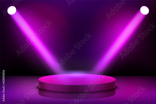 Interior with stage and shining violet projectors. 3d vector illustration