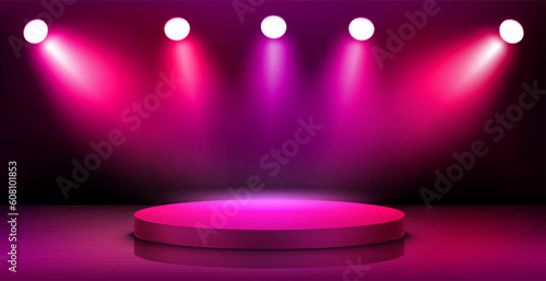 Empty interior with stage and shining projectors. 3d vector illustration