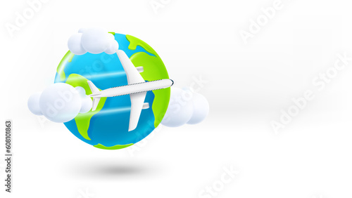 The Earth with modern aircraft. 3d vector banner with copy space