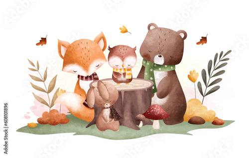 Watercolor Illustration cute animals at the garden with flowers and autumn leaves