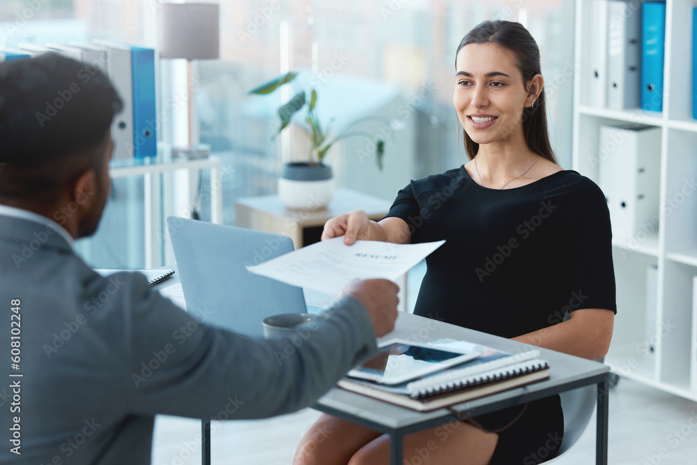 Business meeting, hiring and resume of a corporate woman with hr and communication in office. Paperwork, interview and outsourcing in a company with professional opportunity and cv document review Business meeting, hiring and resume of a corporate woman with hr and communication in office. Paperwork, interview and outsourcing in a company with professional opportunity and cv document review