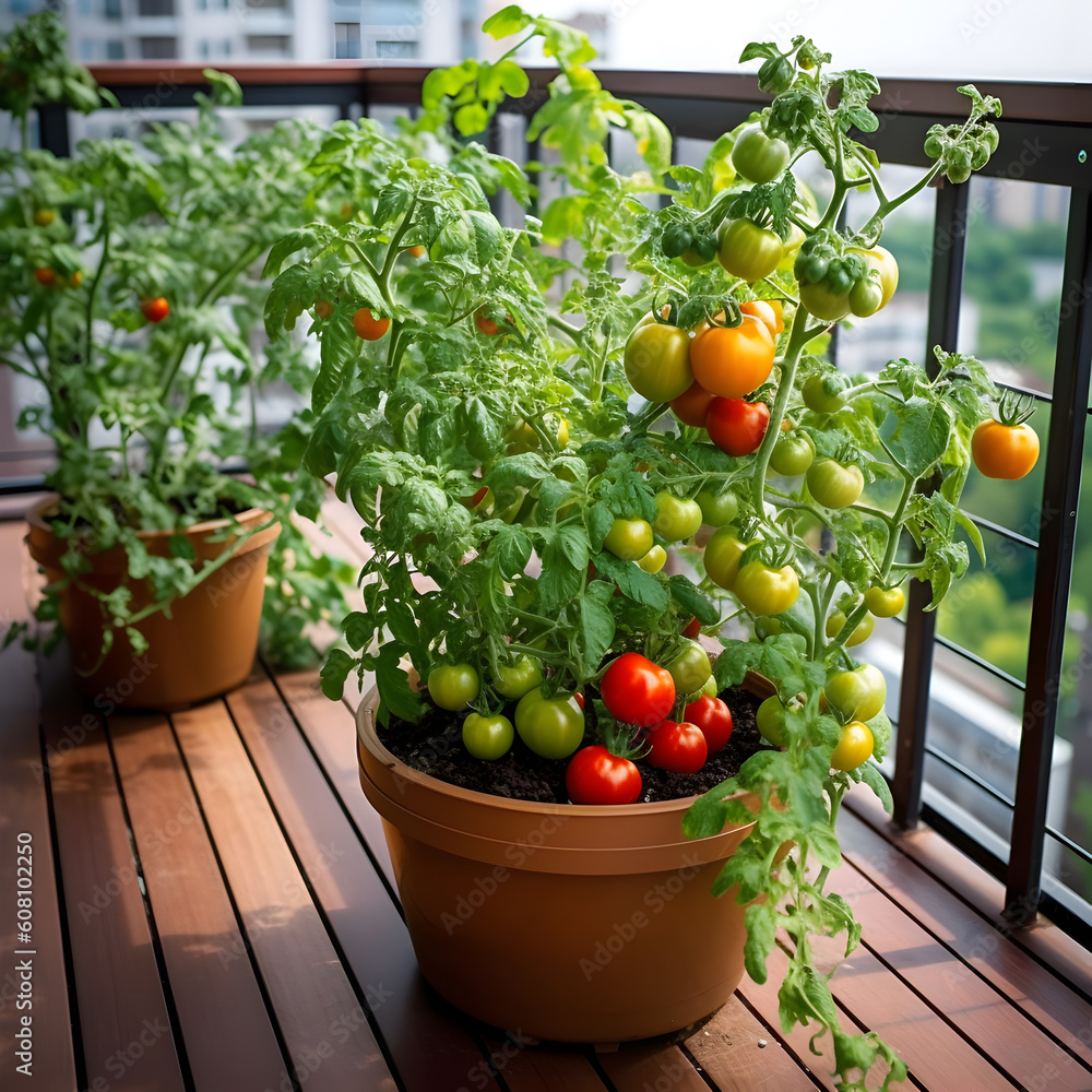 Tomatoes in pots on the terrace. Gardening concept. DIY at balcony Tomatoes in pots on the terrace. Gardening concept. DIY at balcony