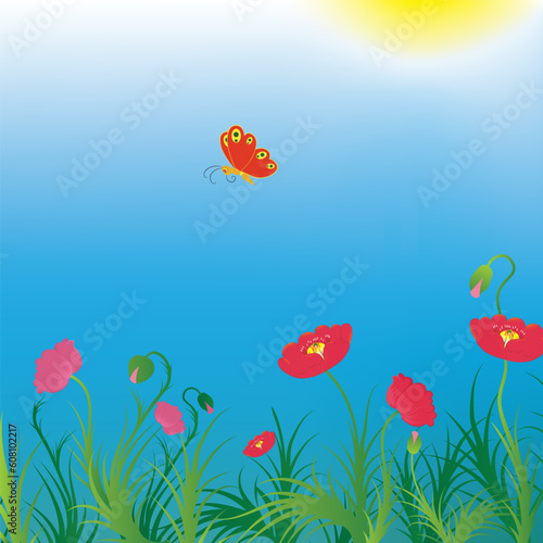 Background with poppies and red butterfly. Vector illustration.