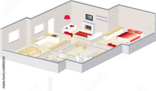 3D floorplan with furniture visualised for an apartment or a house