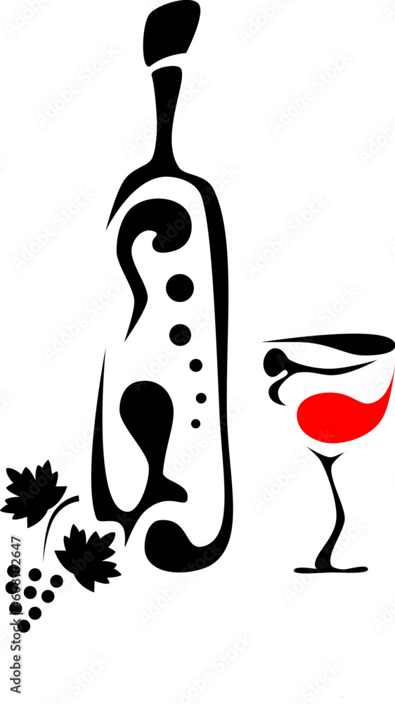 Abstract picture of wine bottle, wine glass and grapes