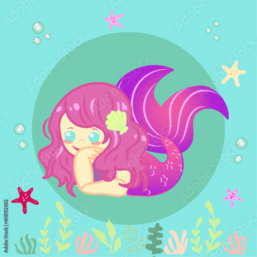Cute baby mermaid  pink hair  with seashells and seastar. Vector illustration  editable