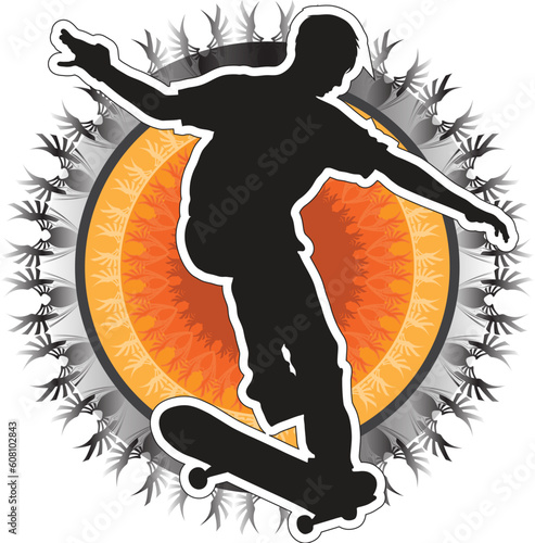 A silhouette of a skateboarder on a tribal circular background