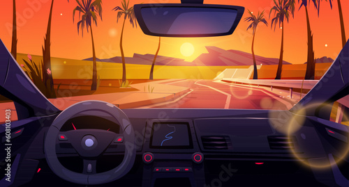 Sunset road with inside car dashboard view summer vector background. Palm tree and sun nature vacation landscape from vehicle windscreen. Unmanned navigation and steering to orange skyline and rock.