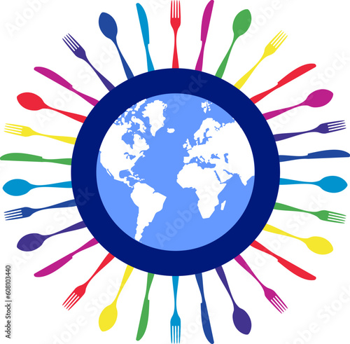 Cutlery icons. Colorful cutlery silhouettes around Earth planet on white background. Vector available.