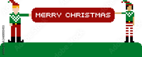 Two funny pixeled elves holding a Merry Xmas banner