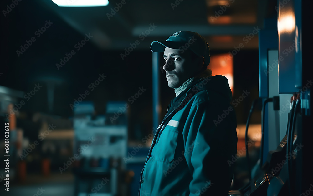 Gas station worker at night shift. Generative AI technology. Gas station worker at night shift. Generative AI technology.