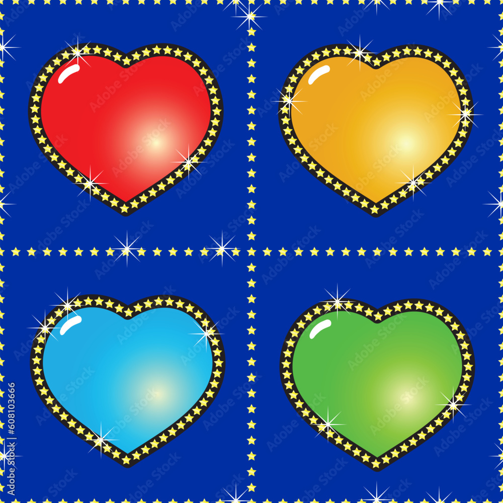Valentine's day dark-blue abstract background with glass multicolor hearts and golden stars. Seamless pattern. Vector illustration. Valentine's day dark-blue abstract background with glass multicolor hearts and golden stars. Seamless pattern. Vector illustration.