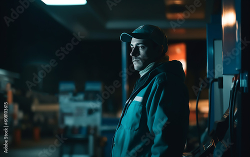 Gas station worker at night shift. Generative AI technology.