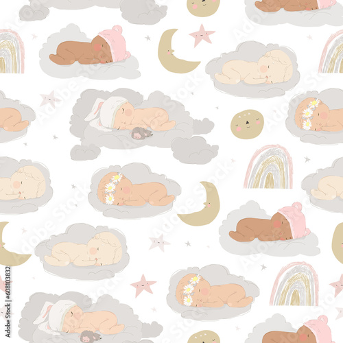 Vector Seamless Pattern with Cute Babies sleeping on a Clouds