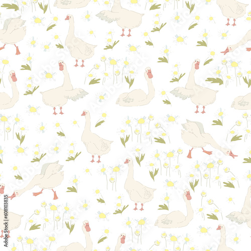 Vector Seamless Pattern with Chamomile and Gooses on Green Background