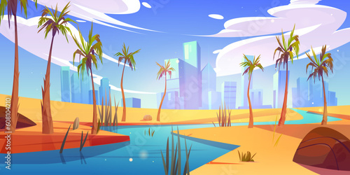 Sky desert landscape with river in city valley cartoon vector illustration. Sand and nile water perspective panoramic nature concept. Dubai cityscape building on horizon with drought dunes in summer.
