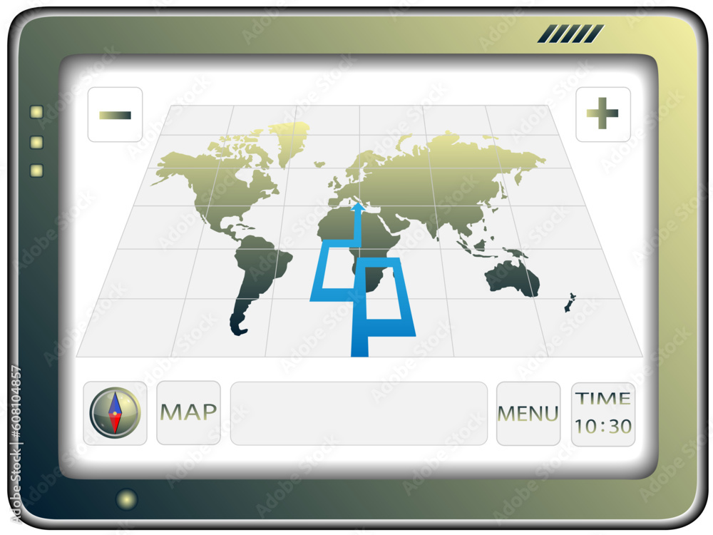 The portable GPS navigator with the world map located of the screen The portable GPS navigator with the world map located of the screen