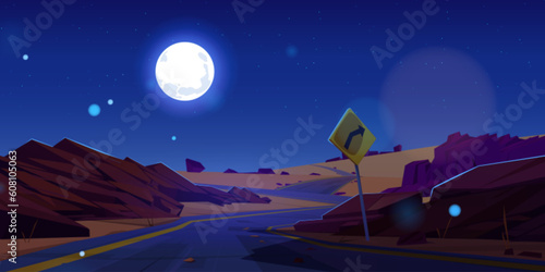 Curve desert road night landscape vector background with turn sign. West arizona sand scene with empty canyon highway. Dark rock valley direction in american wilderness route roadtrip scenery.