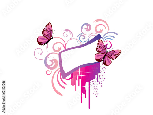 vector eps 10 illustration of butterflies and a blank sign on a colorful floral background
