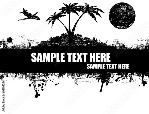 Grunge abstract tropical island, palms and aircraft, poster black and white,vector illustration