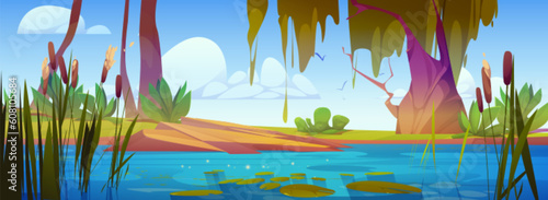 Lake in forest with reed and cattail landscape illustration. Water in pond park near tree cartoon background. Summer nature river view with branch drawing scenery. Floating lotus leaf in swamp image
