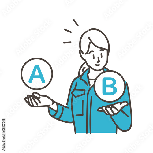 Female worker in work clothes comparing something [Vector illustration]
