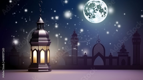 islamic background with moon lanterns and mosque for ramadan eid ul fitr and eid al adha eid milad muharram generative ai