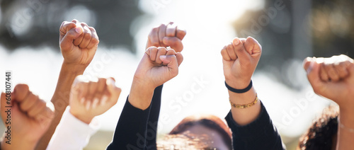 Photos Closeup, group and protest with solidarity, hands and support for human rights, equality or freedom