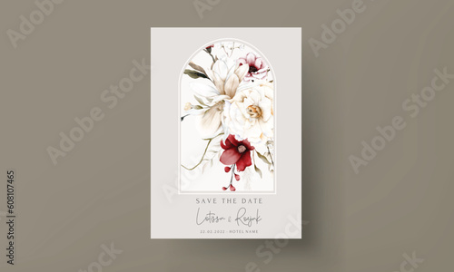 elegant boho wedding invitation card with dried floral and maroon flower