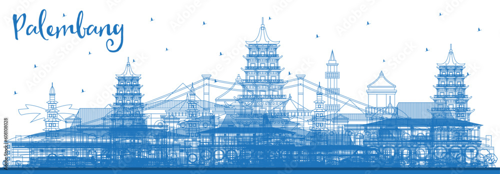 Obraz premium Outline Palembang Indonesia City Skyline with Blue Buildings. Palembang Cityscape with Landmarks.