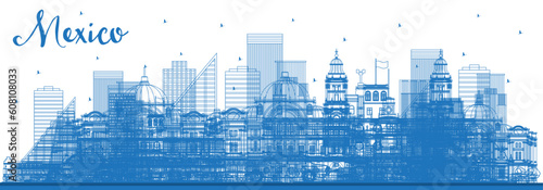 Outline Mexico City Skyline with Blue Buildings. Mexico Cityscape with Landmarks.