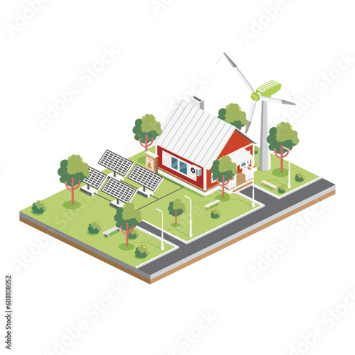 Isometric Solar Panels with Wind Turbine in Suburb. Green Eco Friendly House.