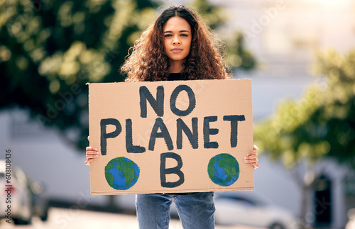 Photography Woman, poster and portrait in street for planet, climate change and sustainable future in city