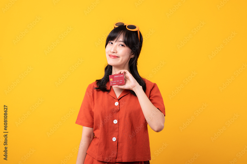 Portrait young beautiful asian woman happy smile dressed in orange clothes showing credit card isolated on yellow background. Pay and purchase shopping payment concept. Portrait young beautiful asian woman happy smile dressed in orange clothes showing credit card isolated on yellow background. Pay and purchase shopping payment concept.
