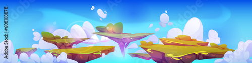 Island floating in sky fantasy game background. Magic landscape with flying land environment for ui videogame design. heaven dream paradise scenery with lawn platform level or fight grass arena