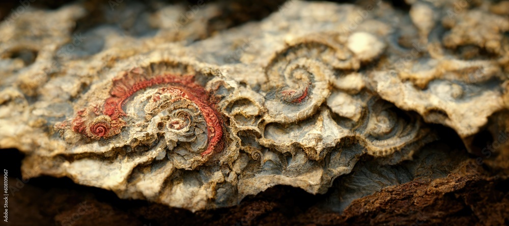 Fossilized ammonite sea shell spirals embedded into rustic brown red desert sandstone rock. Ancient prehistoric layered and ridged stone texture with detailed surface patterns - generative ai