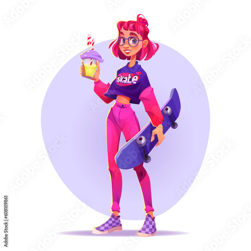 Hipster girl stand character with smoothy and skate cartoon vector set. Full view smile young woman with pink hairstyle and teenage outfit with glasses standing isolated on white illustration.