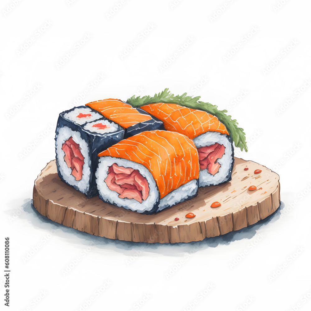 Watercolor sushi illustration on a wood plate Watercolor sushi illustration on a wood plate