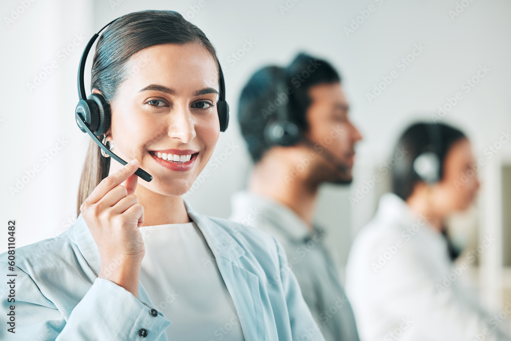 Young woman, call center and microphone in portrait with smile, consulting and customer service agency. Girl, telemarketing agent and pride for job, contact us or happy at technical support help desk Young woman, call center and microphone in portrait with smile, consulting and customer service agency. Girl, telemarketing agent and pride for job, contact us or happy at technical support help desk