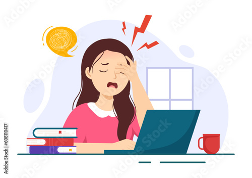 Migraine Vector Illustration People Suffers from Headaches, Stress and Migraines in Healthcare Flat Cartoon Hand Drawn Background Templates