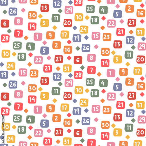 Color pattern of numbers in retro colors. Printing on textiles and paper. A scattering of square shapes with numbers and rhombuses forming a texture, background cover. Fat illustration. School