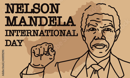 Nelson Mandela International Day. Vector illustration. Contour portrait with raised hand against the background of the outline of South Africa. Brown shades. Rights, strength, victory, equality