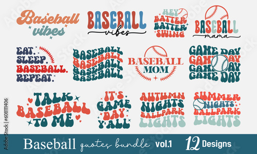 Baseball Mom vibes Game Day Quotes Collection Set Retro Typographic Art Bundle on white Background