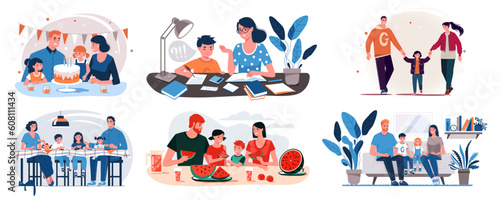 Set of family illustrations in various situations, holiday, feast, walk, rest, schoolboy does his homework. Parents and children spend time together. Vector Flat cartoon characters.